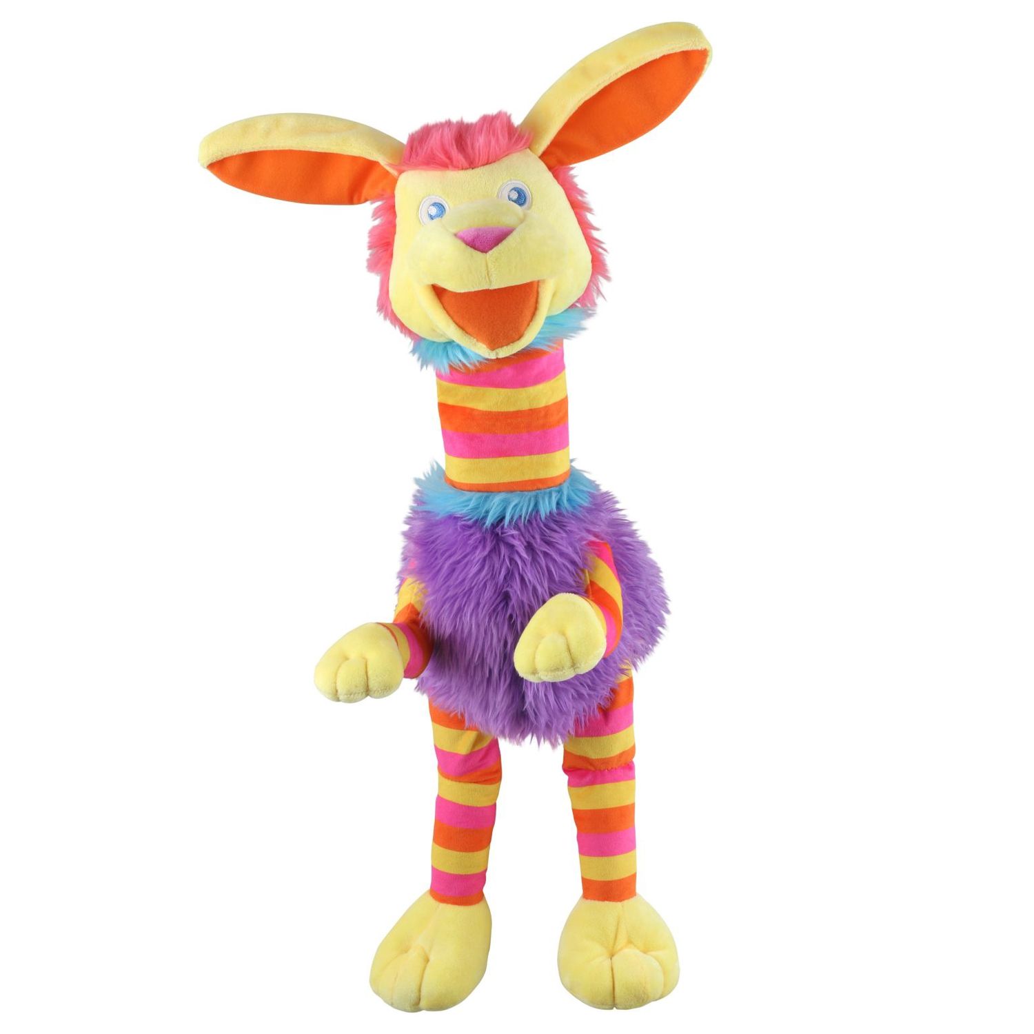 Full-body view of walky-stompy rabbit puppet