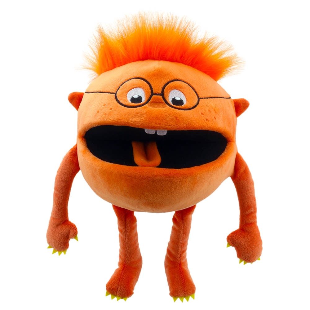 Orange monster puppet with tufty hair and glasses