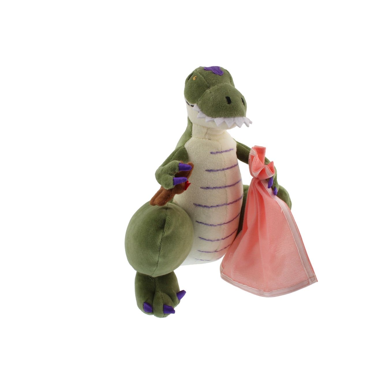 How Do Dinosaurs Say Goodnight? plush toy holding a pink blanket and teddy bear