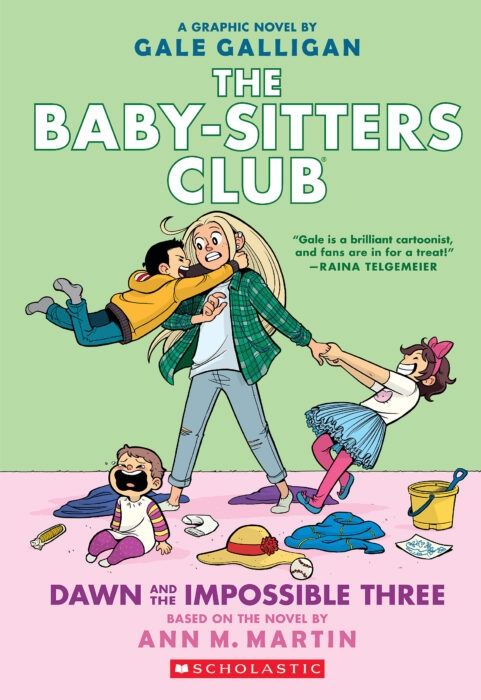 Cover of 'The Baby-Sitters Club #5: Dawn and the Impossible Three' graphic novel, illustrated by Gale Galligan, featuring Dawn juggling three energetic children in a lively, colorful scene.