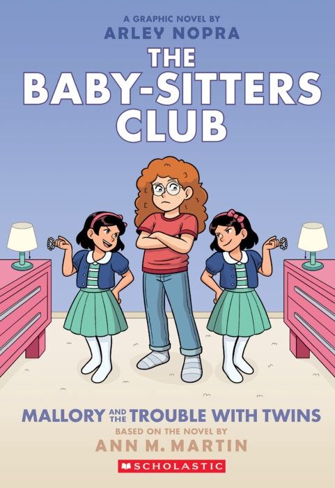 Cover of 'The Baby-Sitters Club #17: Mallory and the Trouble with Twins' graphic novel, illustrated by Arley Nopra, featuring Mallory standing between identical twins Marilyn and Carolyn, who are dressed alike and grinning mischievously, set against a vibrant bedroom backdrop.