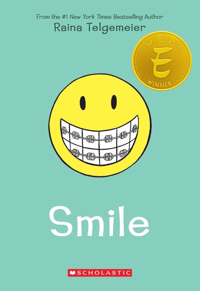 Cover of 'Smile' by Raina Telgemeier, featuring a bright yellow smiley face with braces on a teal background, capturing the graphic memoir’s cheerful yet honest tone.