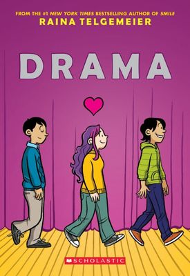 Cover of 'Drama' by Raina Telgemeier, featuring three students walking across a wooden stage with purple curtains and a pink heart above them, set against a vibrant pink background.