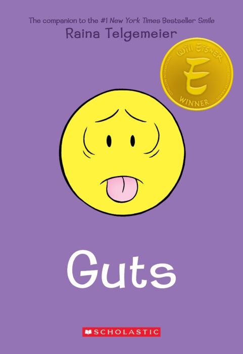 Cover of 'Guts' by Raina Telgemeier, featuring a purple background with a yellow emoji-style face showing discomfort, representing the author's journey through anxiety and health challenges.