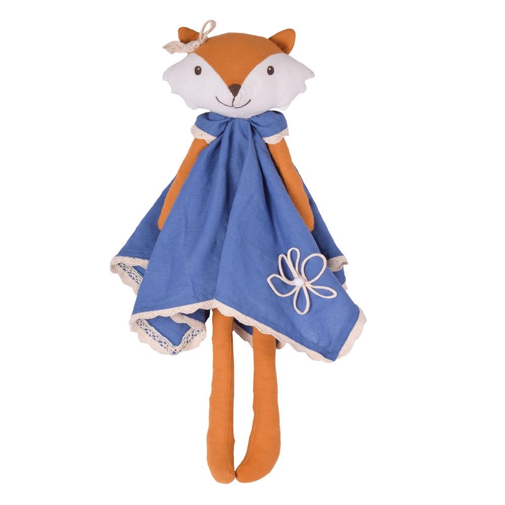 Luca the Fox rag doll in blue dress with embroidered details.