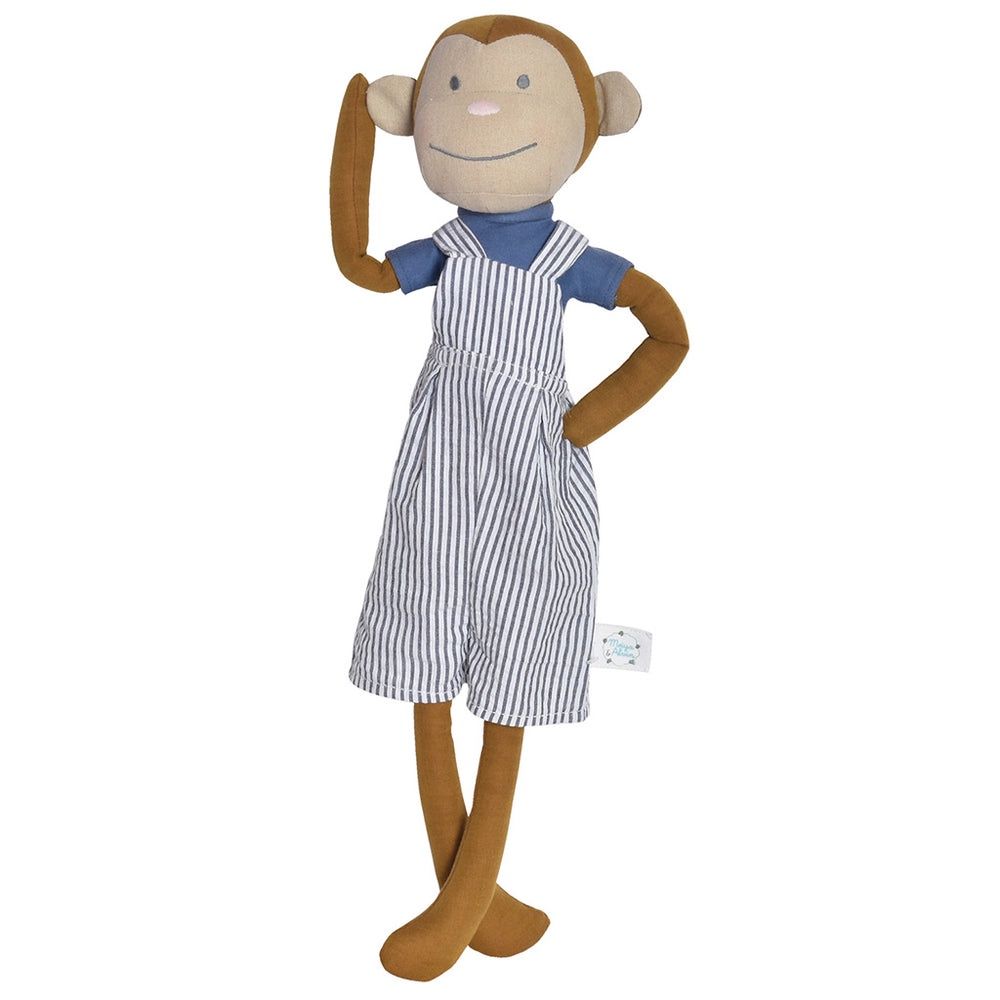 Mateo the Monkey rag doll in striped romper with embroidered details.