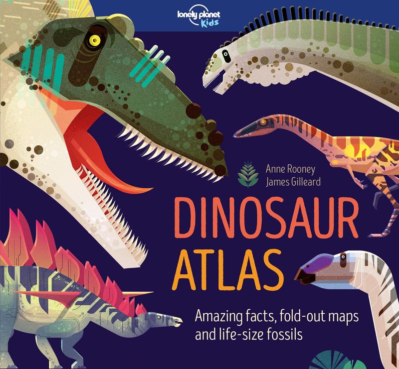 Cover of "Lonely Planet Kids Dinosaur Atlas" featuring colorful illustrations of various dinosaurs, including a green T. rex, set against a dark blue background.