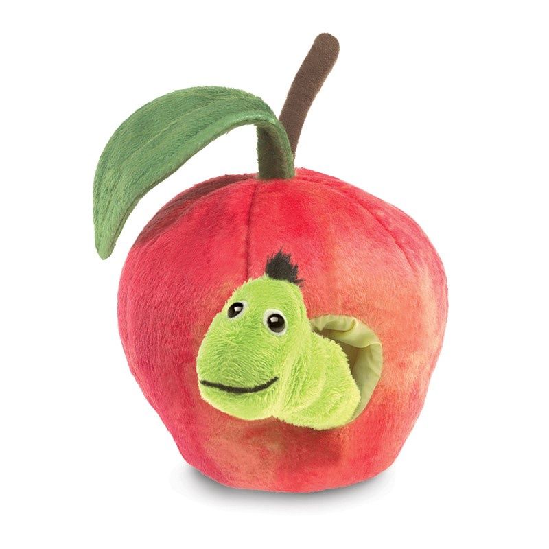 Folkmanis Worm in Apple Finger Puppet featuring a red apple with a green worm peeking out