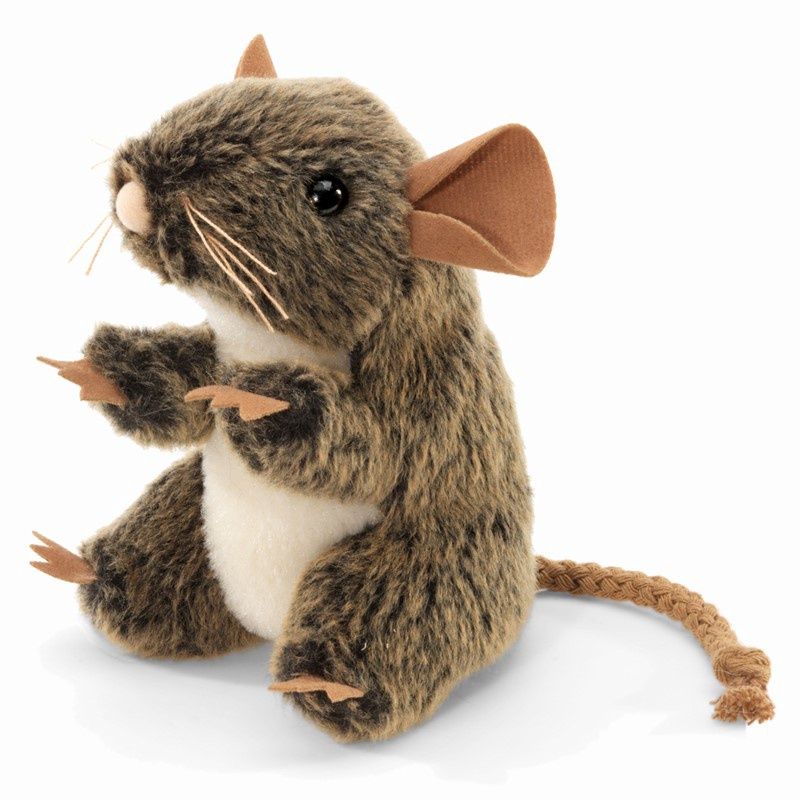 Folkmanis Mini Field Mouse Finger Puppet featuring mottled brown plush and big soft ears