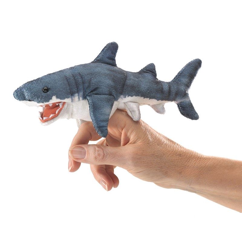 Folkmanis Mini Shark Finger Puppet showcasing its realistic design and soft plush material