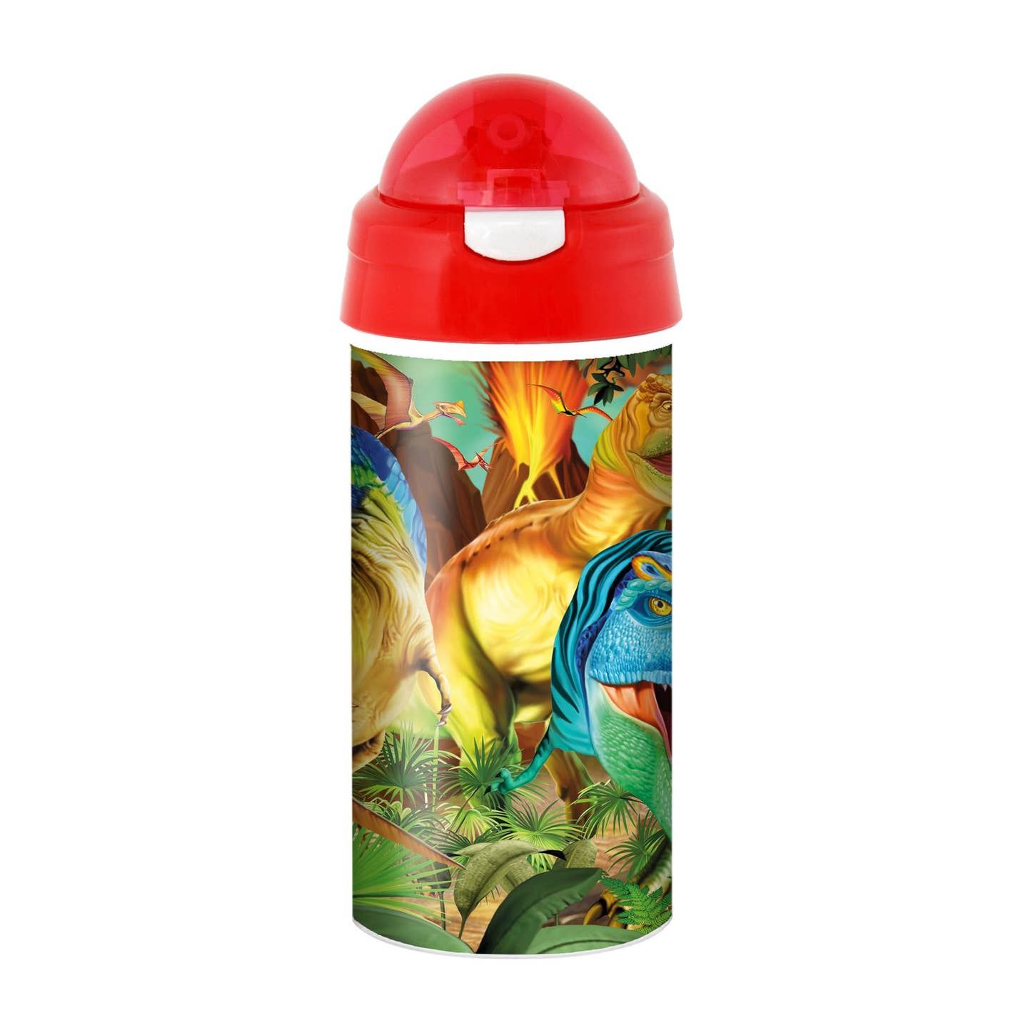 3D LiveLife Dino Smiles Drinking Bottle showcasing colorful lenticular dinosaur artwork and red flip-top lid