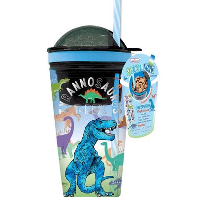 Hot Focus Dinosaur Snack N' Drink tumbler featuring a T-Rex design with included dinosaur stickers