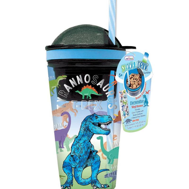Hot Focus Dinosaur Snack N' Drink tumbler featuring a T-Rex design with included dinosaur stickers