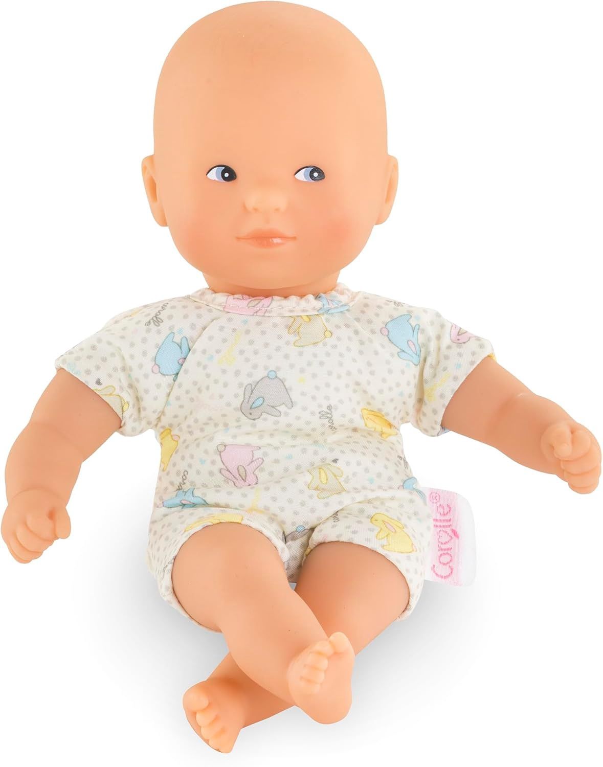 Corolle Mini Calin Bebe infant doll, blue painted eyes, rabbit-print body