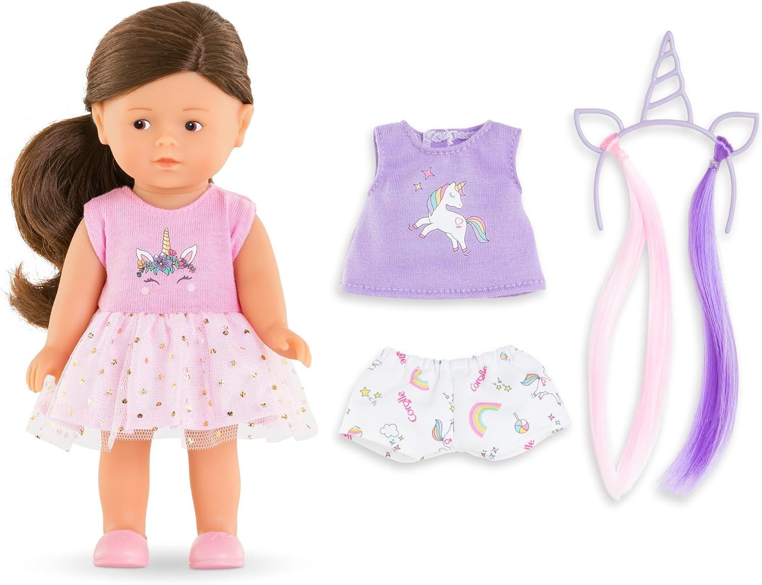 Mini Corolline Romy Unicorn Set showing pink dress, unicorn headband, shorts and tank top
