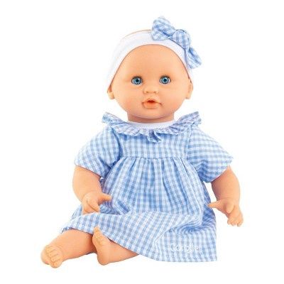Sitting Corolle Bébé Calin Milly 12‑inch baby doll in blue gingham dress with headband
