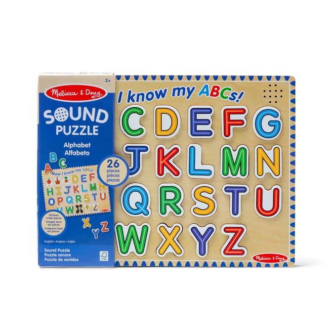 Melissa &amp; Doug wooden alphabet sound puzzle packaging with bright uppercase letters