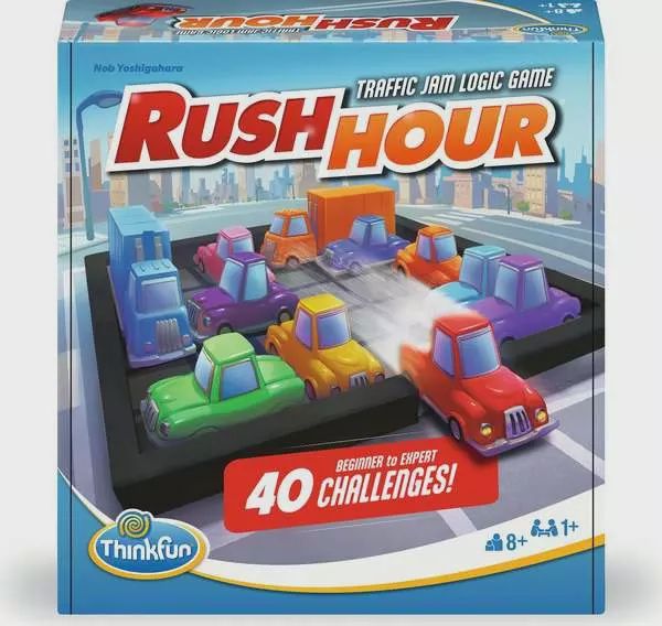Ravensburger Rush Hour Traffic Logic Game Box with red escape car on grid 