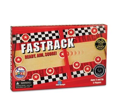 Fastrack game board with wooden discs ready to launch