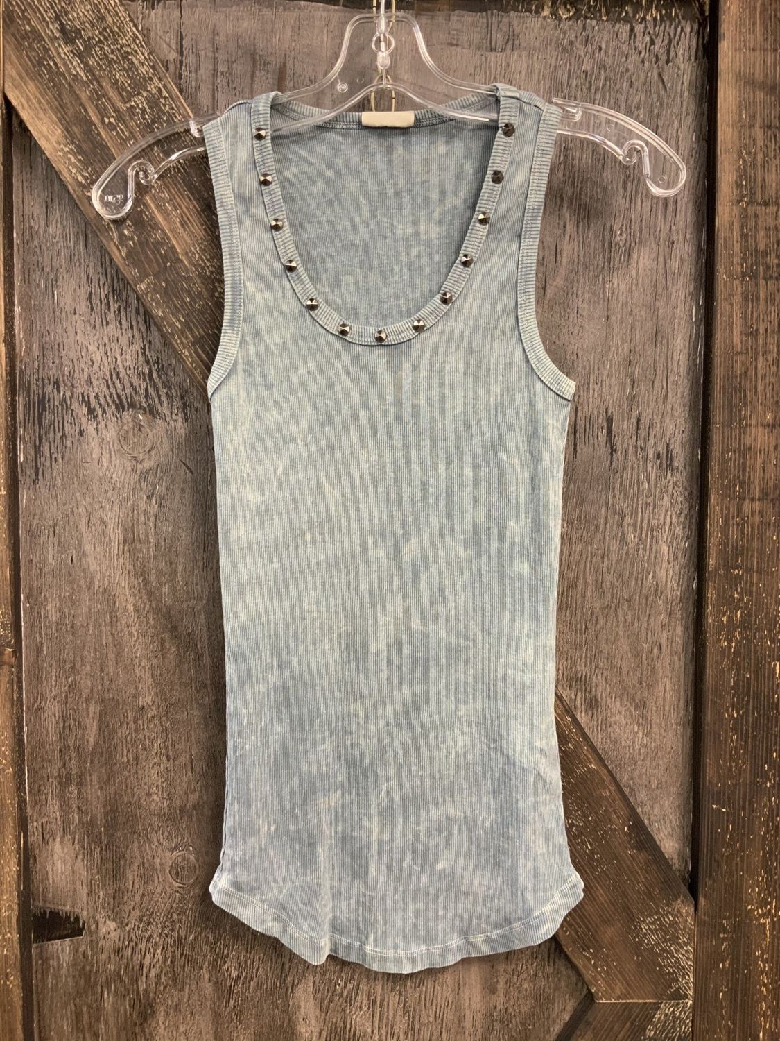 MINERAL WASHED BASIC LONG TANK W/STUDS ON NECKLINE, Color: GREY, Size: S