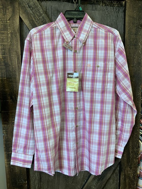 WRANGLER MEN&#39;S L/S PINK PLAID SHIRT