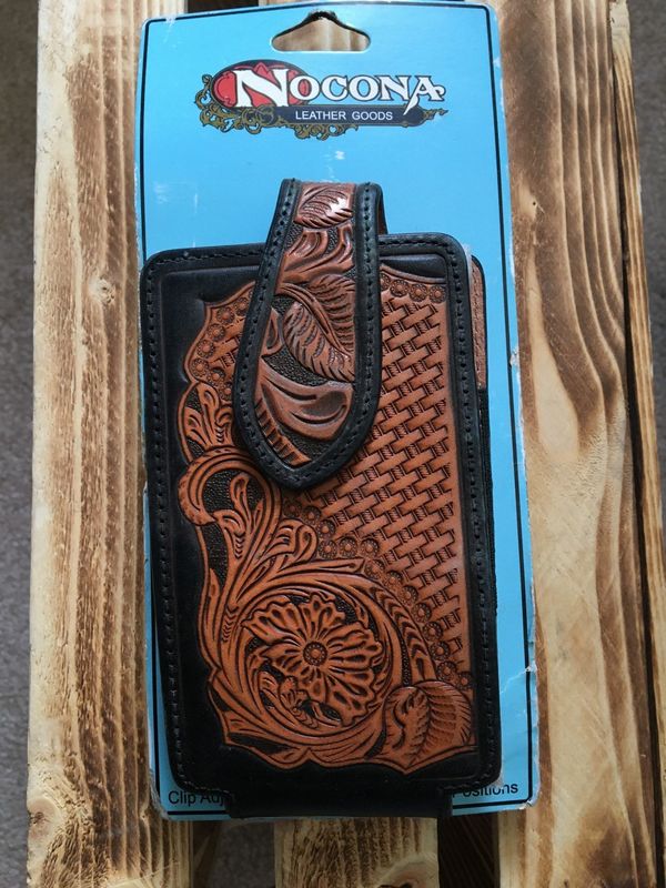 NOCONA TAN LEATHER FLORAL AND BASKET TOOLED CELL PHONE CASE