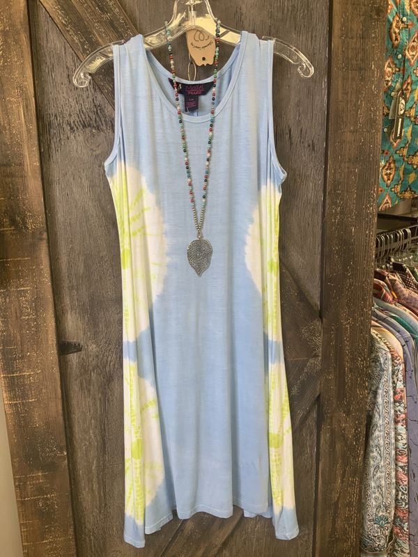 VISCOSE LADIES DRESS BLUE WITH WHITE/YELLOW ACCENT A50304-2