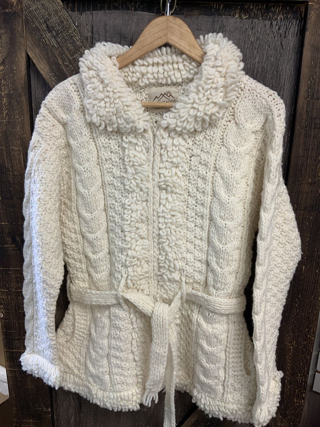 LADIES IVORY POODLE SWEATER WITH BELT