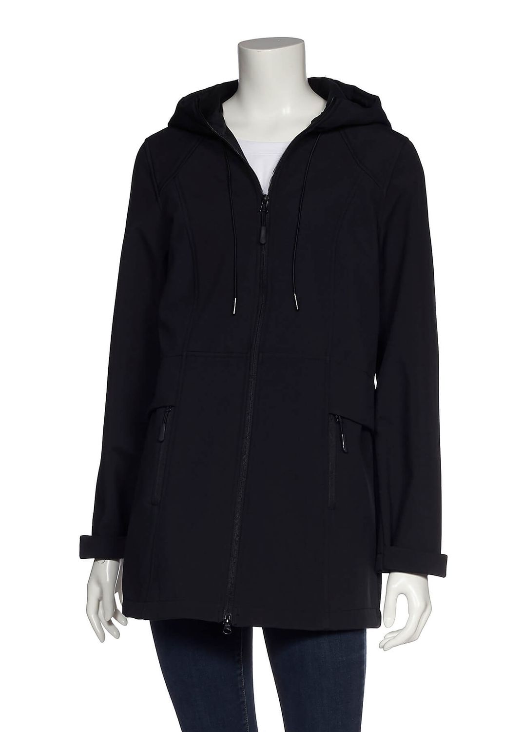 HOODED BONDED SOFTSHELL JACKET W/ZIPPER POCKETS, Color: Black, Size: S