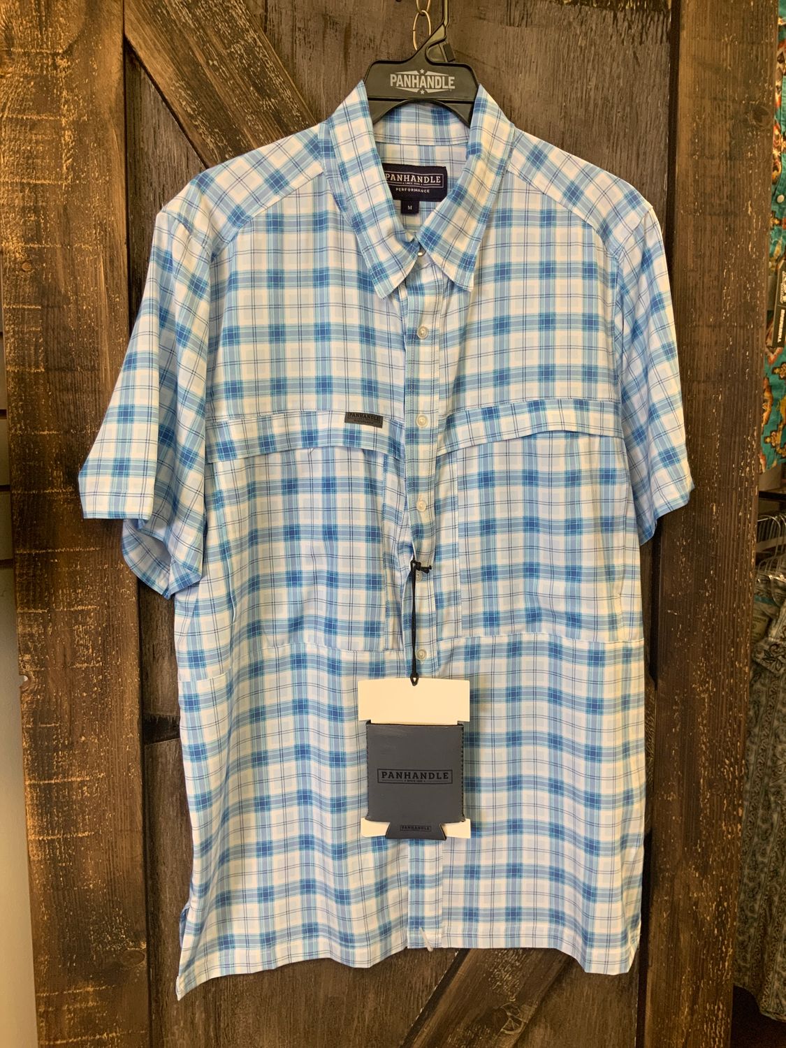 MEN’S PANHANDLE BLUE PLAID POLYESTER SS SHIRT, Size: M