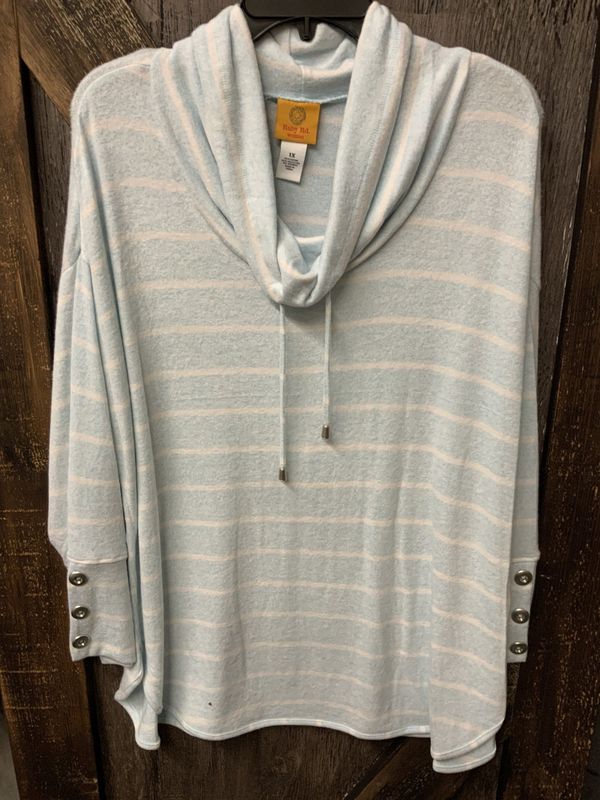LADIES COWL NECK POWDER BLUE W/WHT STRIPE W/BUTTON SLEEVE