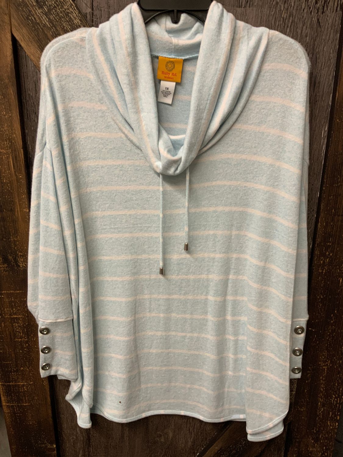 LADIES COWL NECK POWDER BLUE W/WHT STRIPE W/BUTTON SLEEVE, Size: 1X