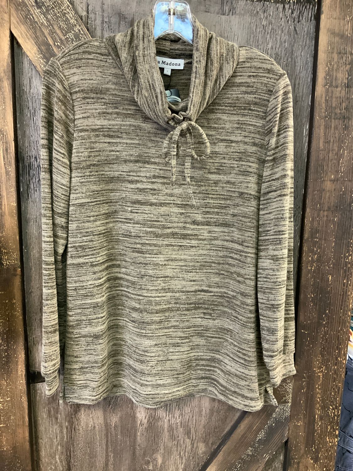 LADIES L/S DRAWSTRING NECK BEIGE TOP, Size: S