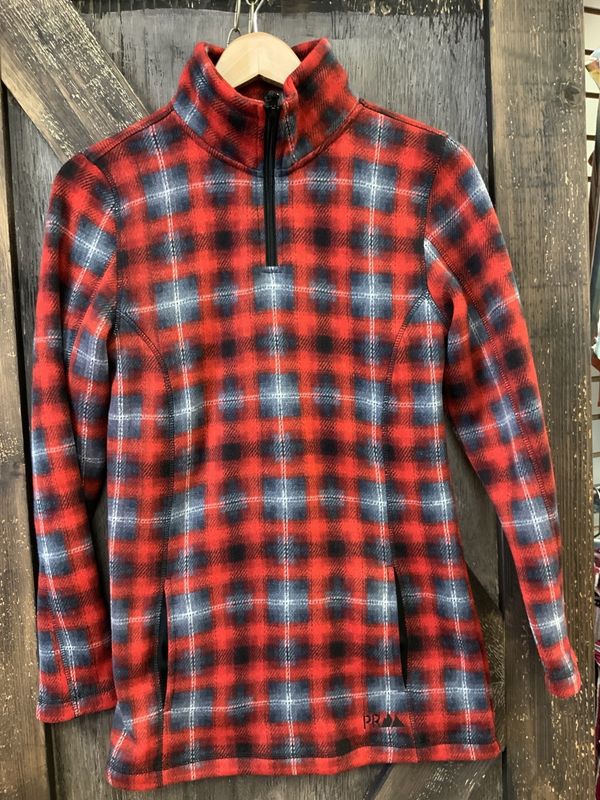 LADIES POWDER RIVER RED/GREY CHECKED 1/4 ZIP FLEECE JACKET