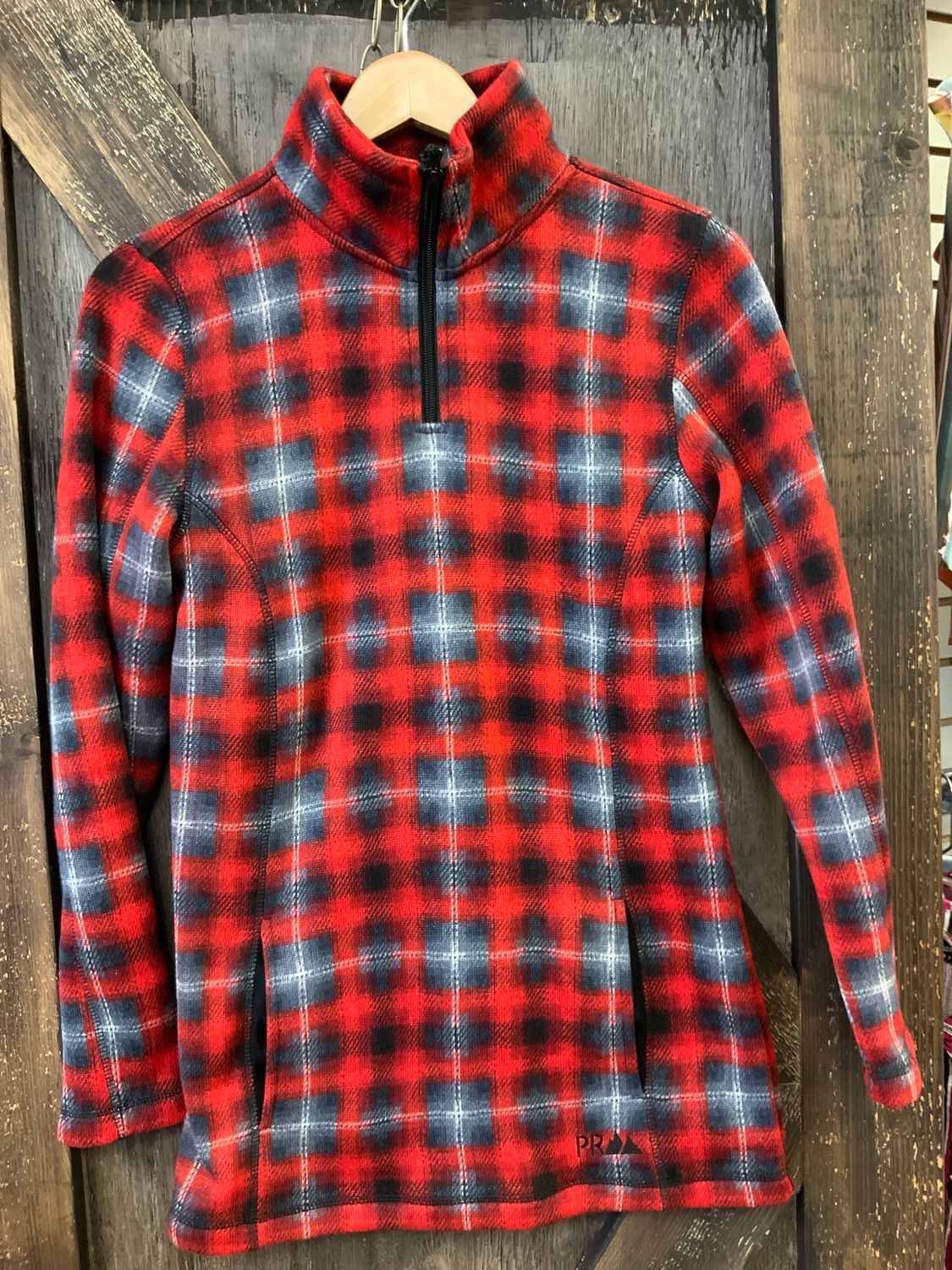 LADIES POWDER RIVER RED/GREY CHECKED 1/4 ZIP FLEECE JACKET, Size: S