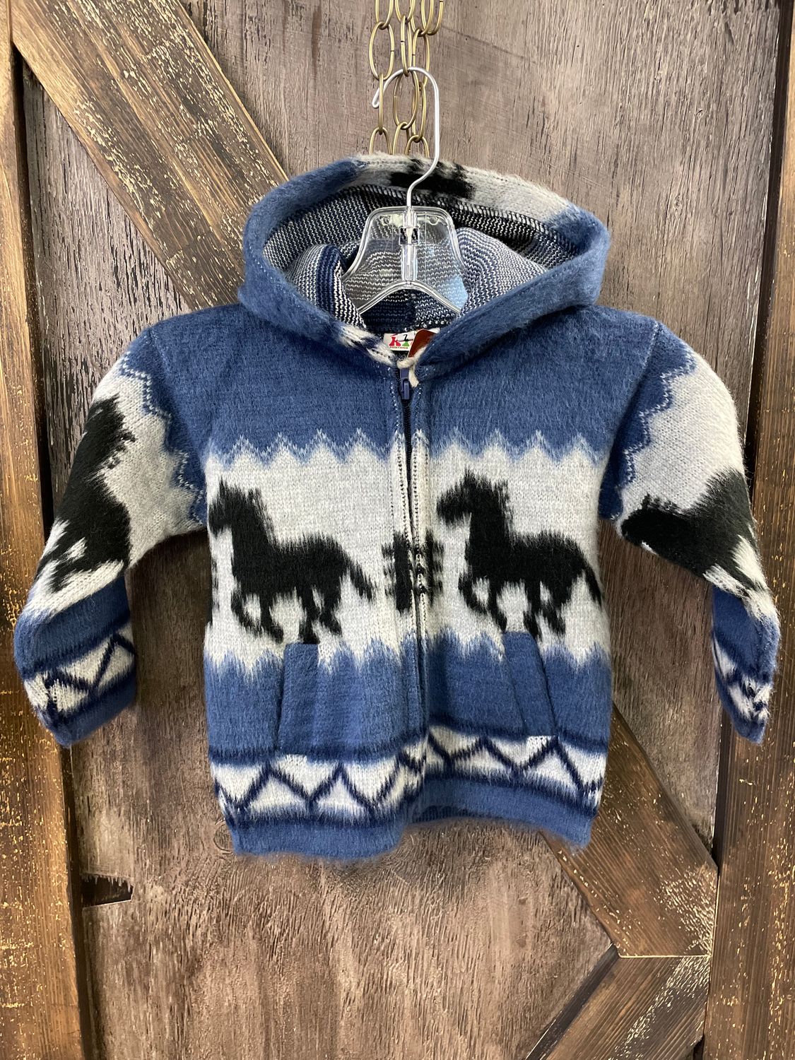BOY’S BLUE/GREY FULL ZIP HOODED HORSE SWEATER JACKET, Size: 2
