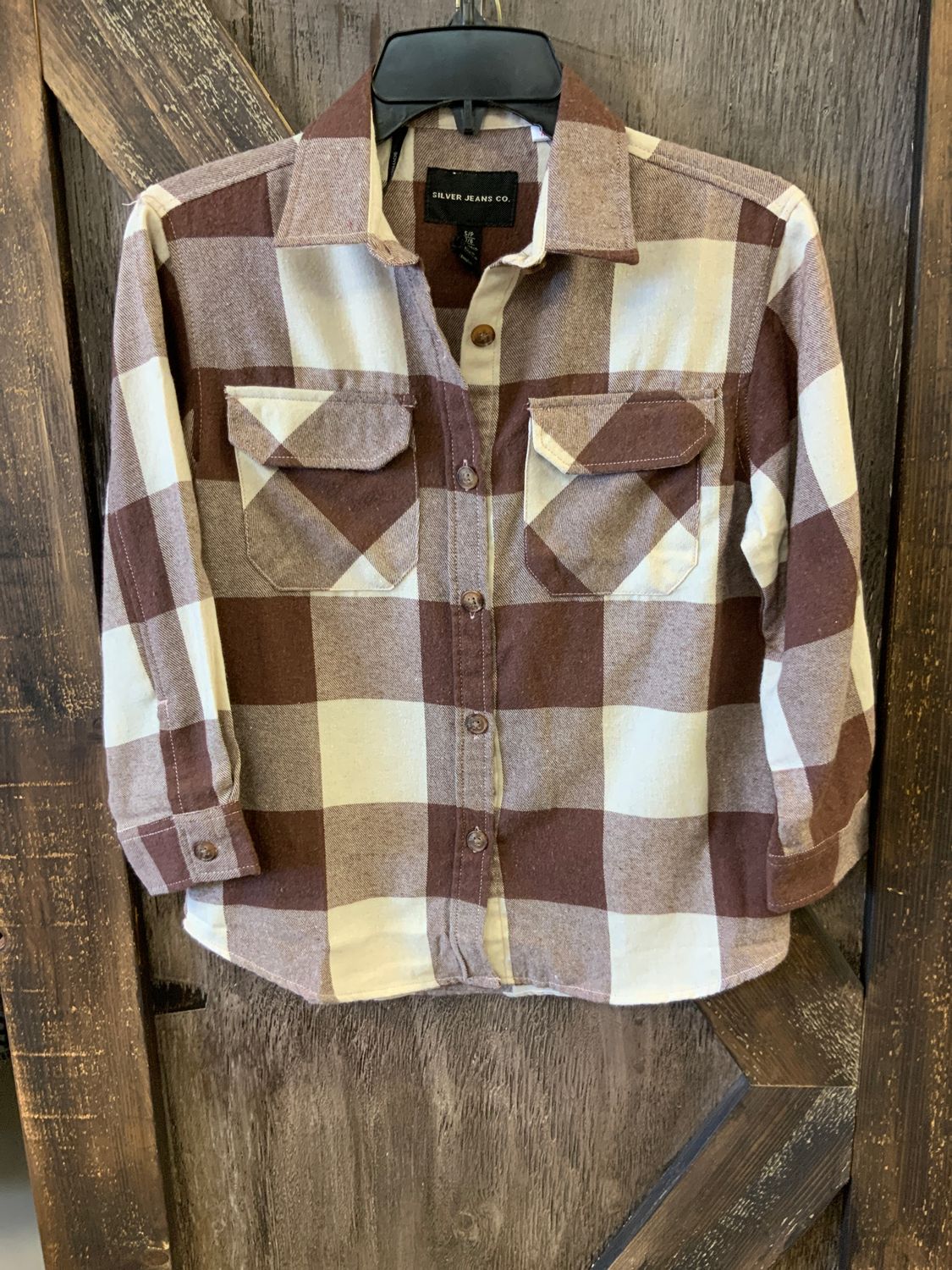 GIRL&#39;S SILVER L/S CLAY PLAID OVER SHIRT, Size: S