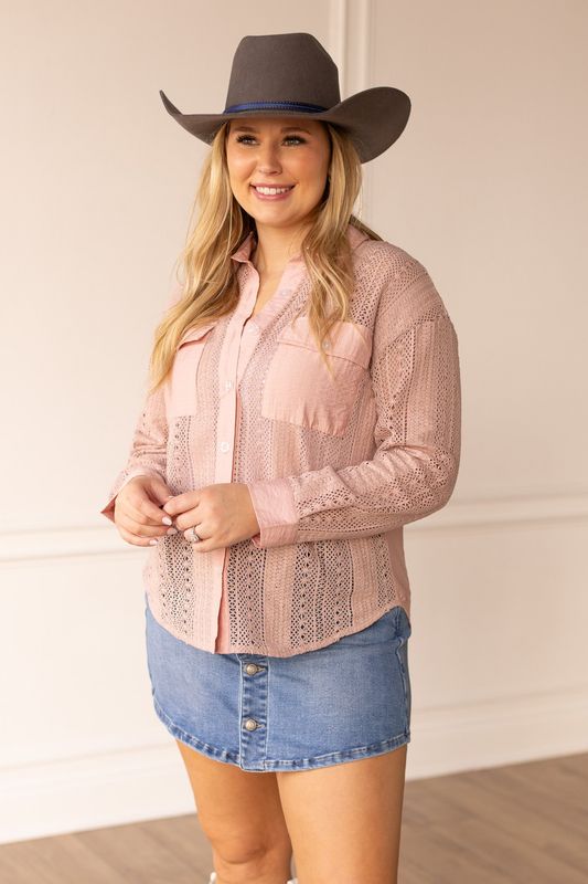 LADIES L/S LACE BUTTON UP SHIRT PINK