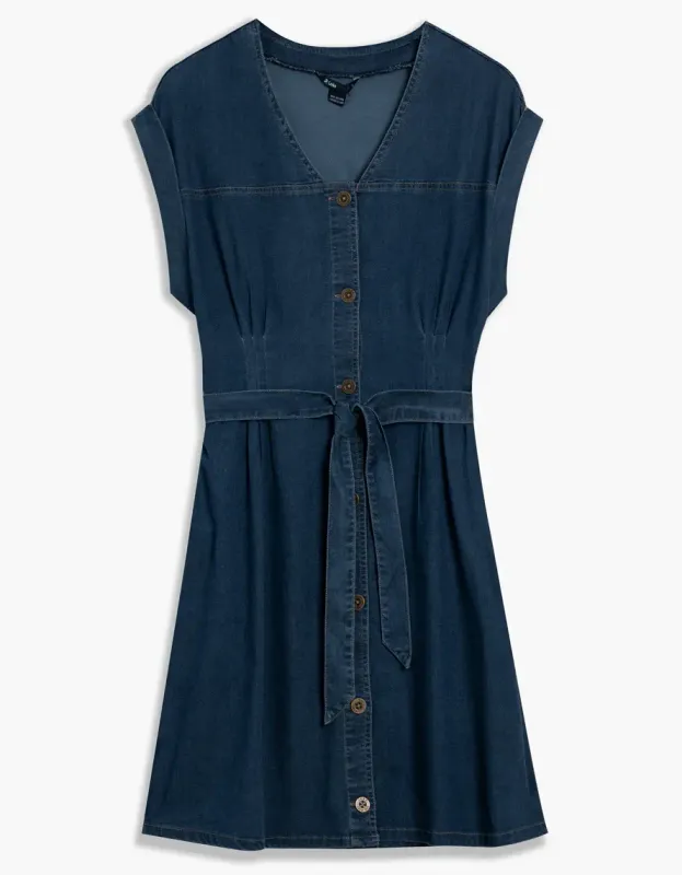LOIS BUTTON FRONT V-NECK DENIM DRESS