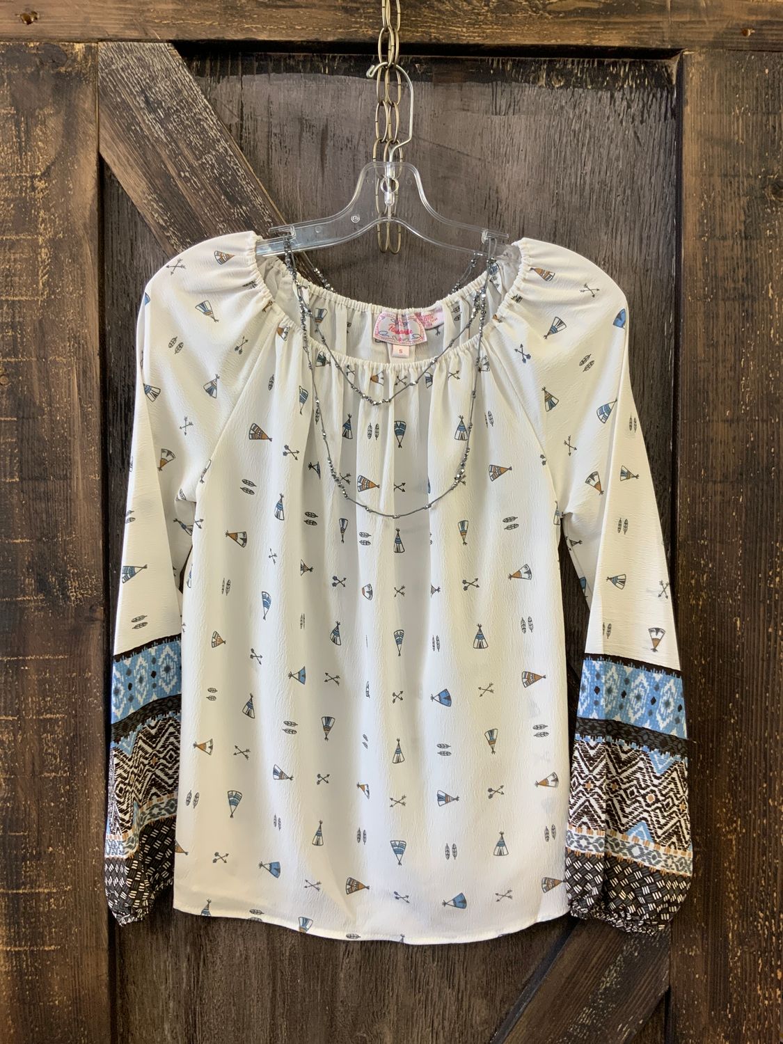 LADIES L/S NATURAL PEASANT TOP, Size: S