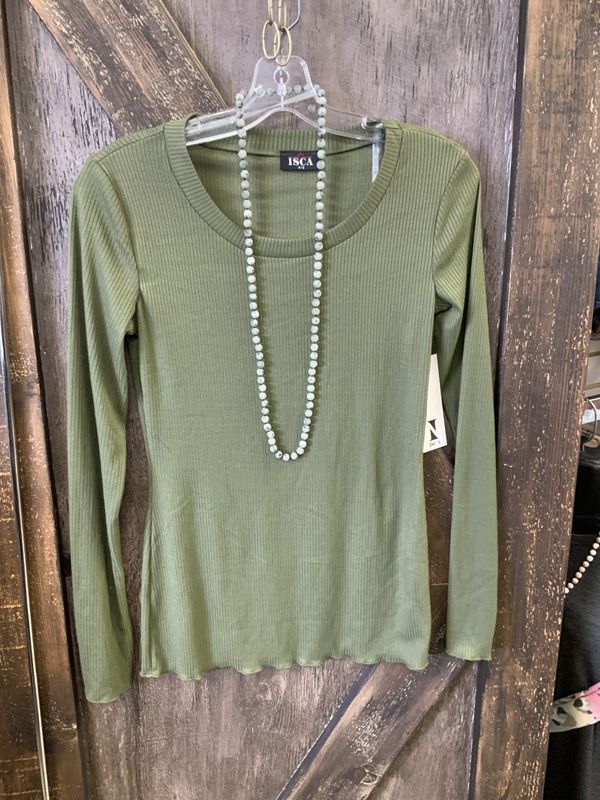 LADIES OLIVE CREWNECK L/S TOP