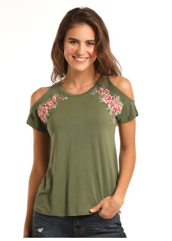 JUNIOR COLD SHOULDER OLIVE TSHIRT