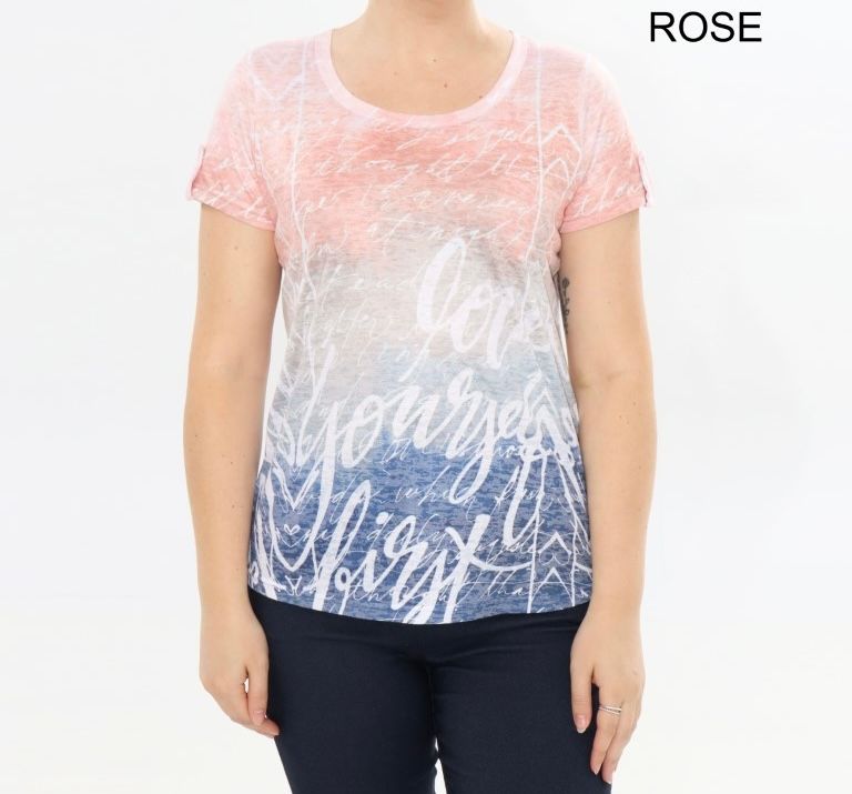 LADIES PRINTED TAB SLEEVE TOP, Color: Rose, Size: Sm