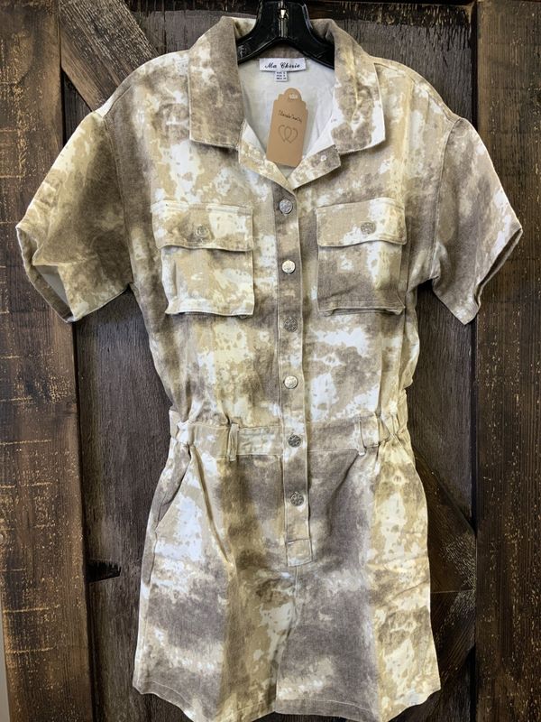 WOMEN’S SHORT SLEEVE BUTTON UP DENIM TIE DYE ROMPER Sm