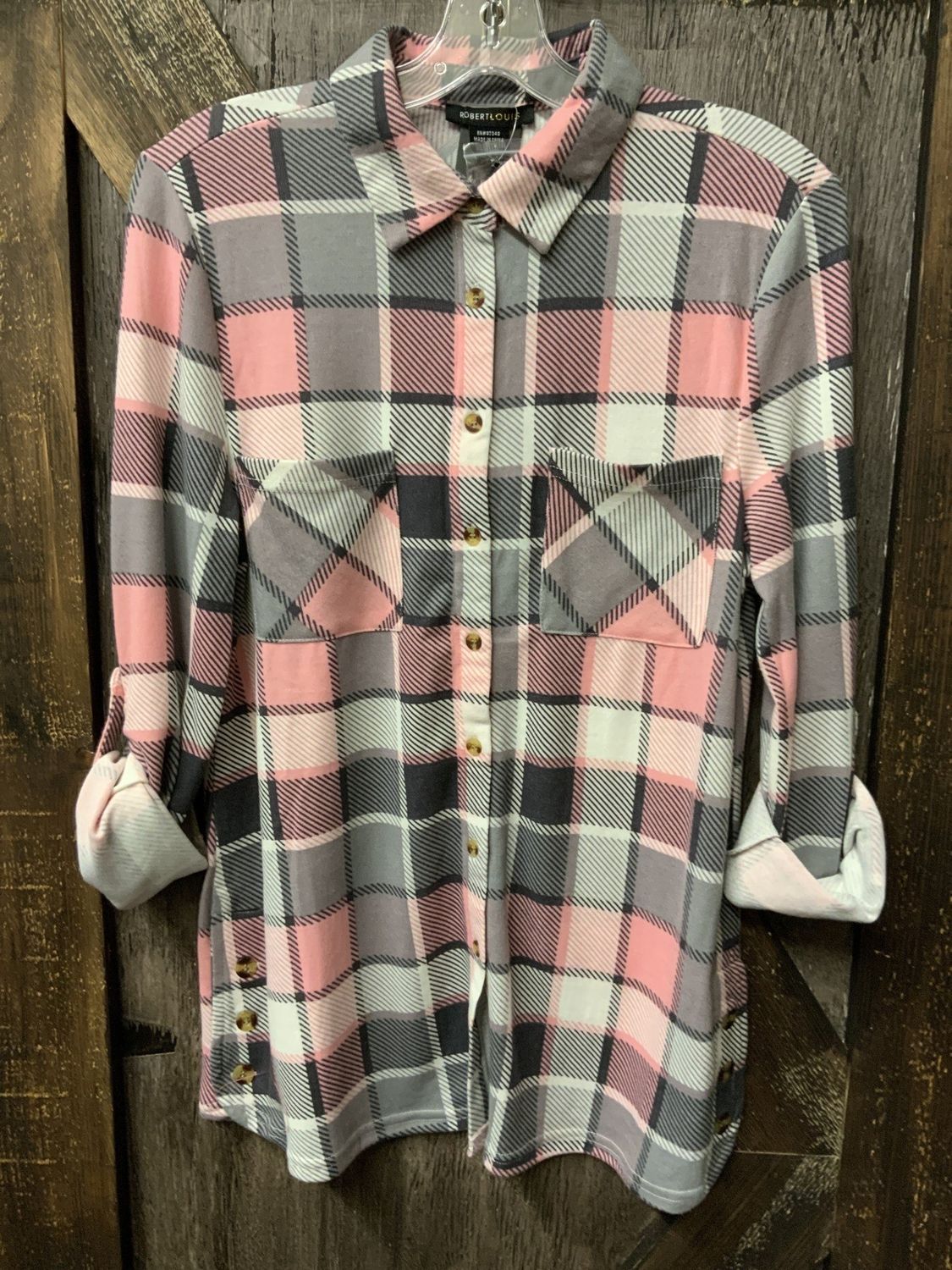 LADIES PLAID SHIRT 3 BUTTON SIDE PINK/GREY Xl