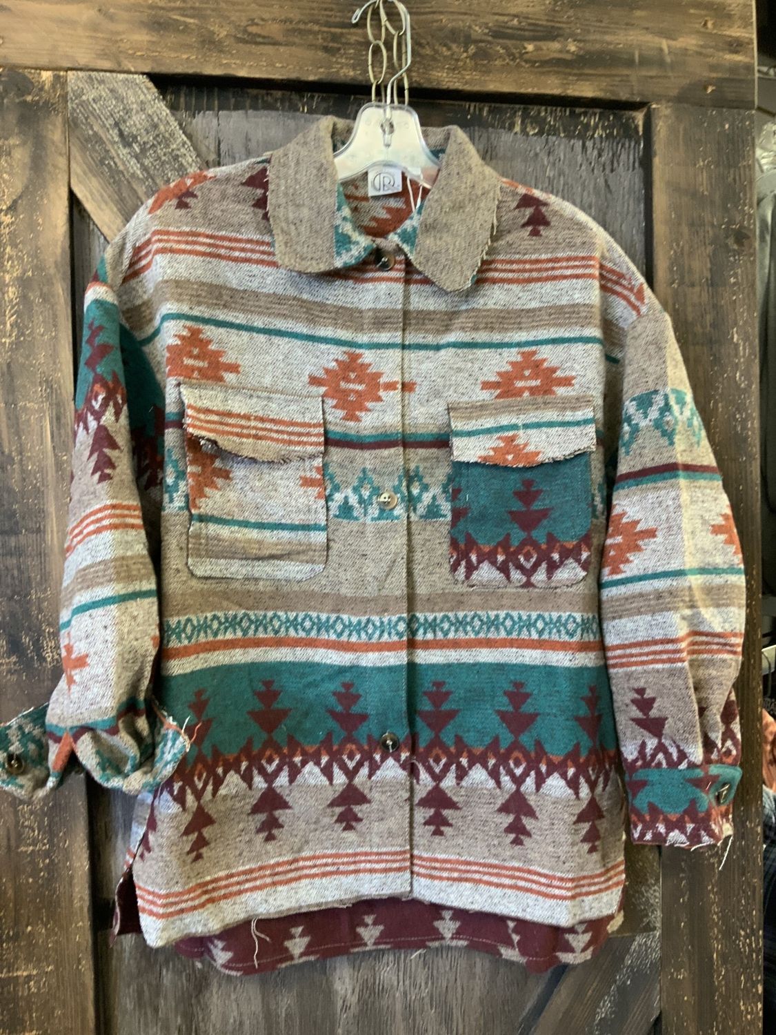 WOMENS AZTEC PRINT SHACKET W/FRAY TRIM &amp; FRONT POCKET TURQ 64617 S/M
