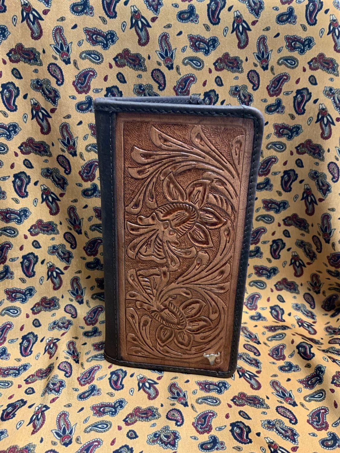 AMERICAN BISON RODEO WALLET LIGHT TOOLED  WAXY TAN