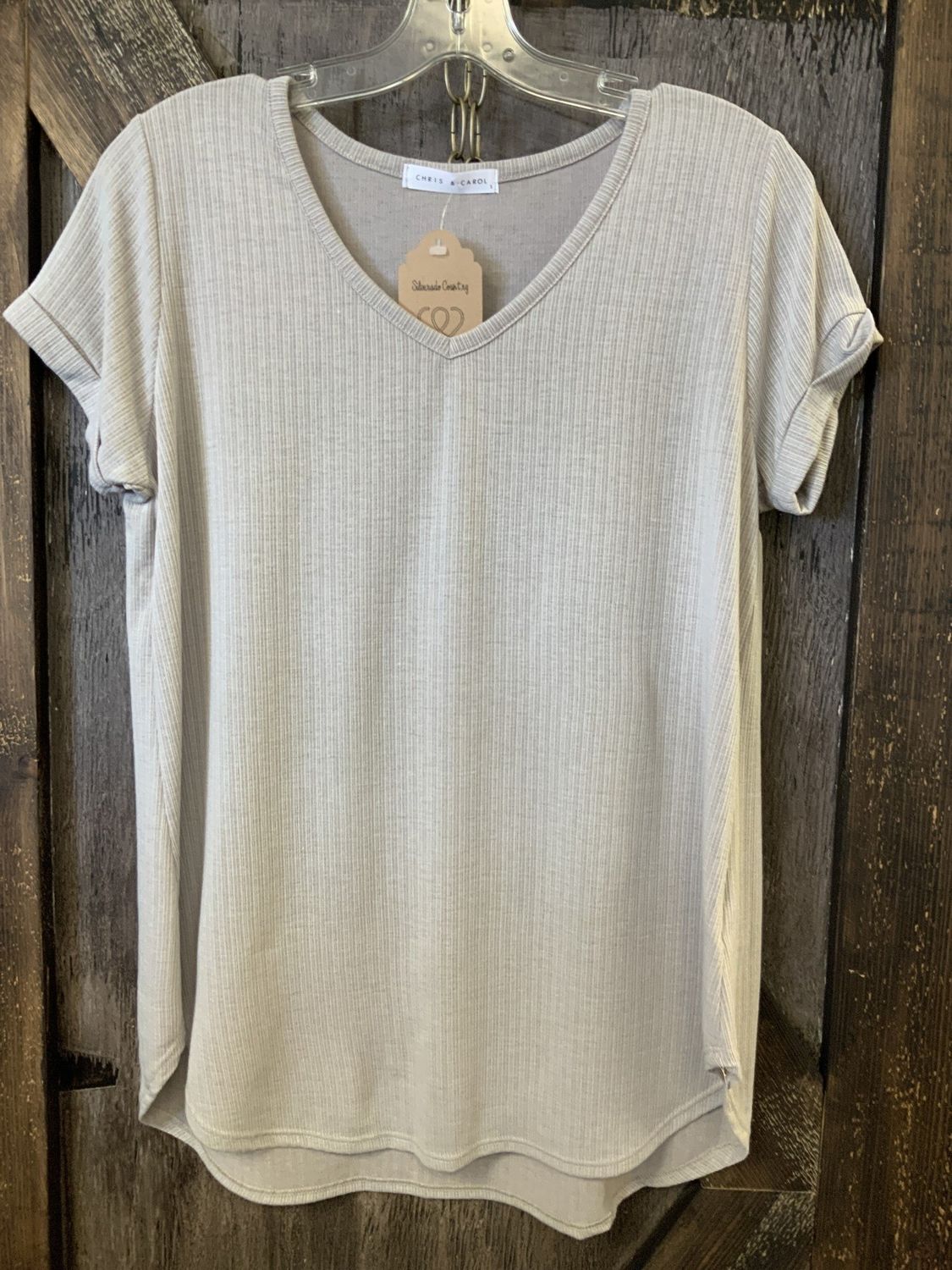 LADIES RIB V NECK S/S TOP TAUPE Sm