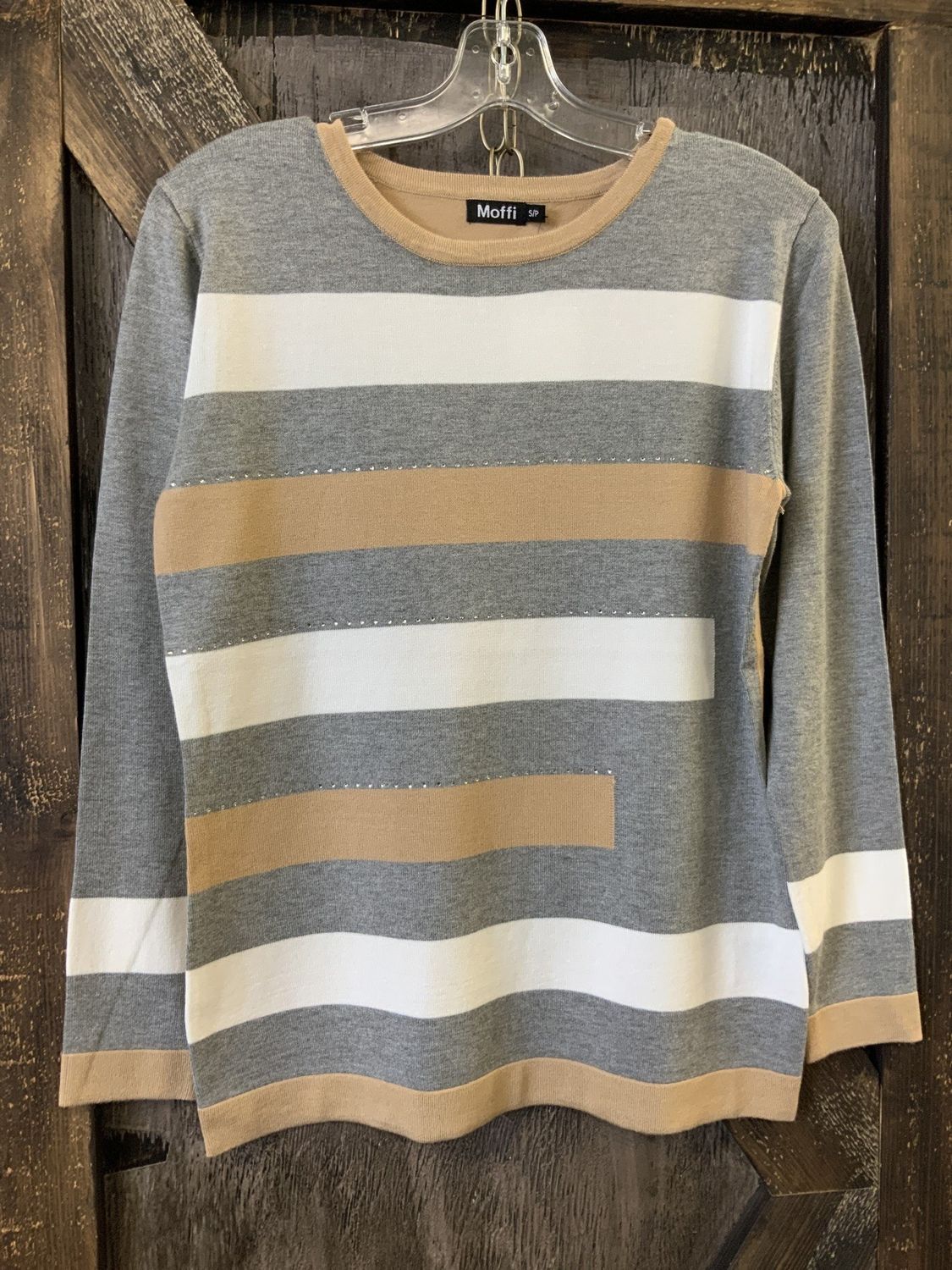 LADIES L/S GREY/MOKA/WHITE STRIPPED TOP Lrg