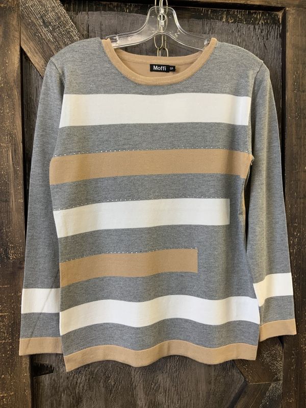 LADIES L/S GREY/MOKA/WHITE STRIPPED TOP Lrg